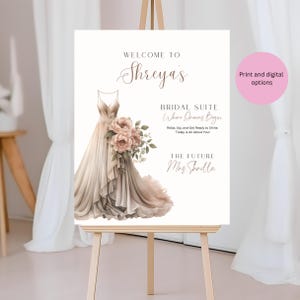 Editable Bridal Suite Welcome Sign | Brides Wedding Day Dressing Room Decor | Where Dreams Begin | Entrance Sign with Dress & Flowers