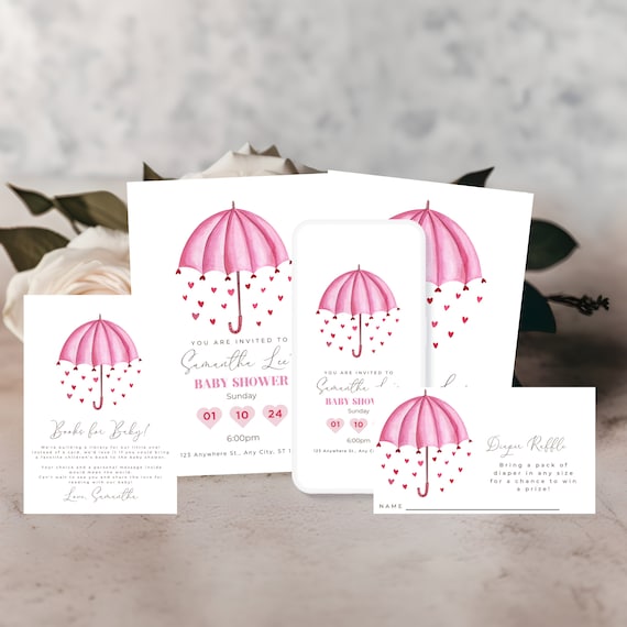 Pink Umbrella Baby Shower Invitation Suite Template - Girl Baby Shower Printable - Customizable DIY Party Invites - Trendy Baby Shower Decor
