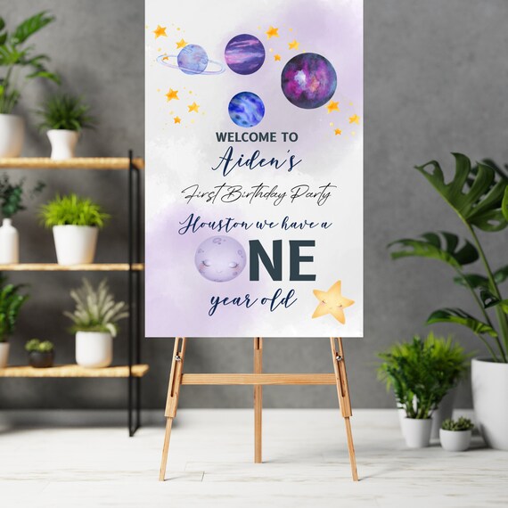 Space Birthday Welcome Sign Template, Purple Galaxy Birthday Party Signs, Houston We Have a One Year Old, Stars Birthday Banner, #SBP