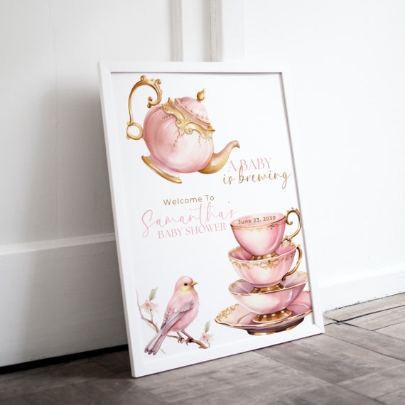 Customizable Baby Shower Tea Welcome Sign Template, Pink and Gold Tea Pot Party Signage, A Baby Is Brewing Banner, Pink Girl Editable Signs