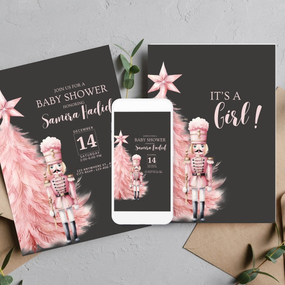 Pink Christmas Tree Baby Shower Invitation Template, Pink Holiday Nutcracker Baby Shower Invitations, Editable Pink Shower Invite