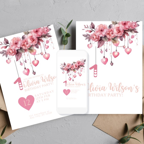 Floral Heart Birthday Invitation Template, Fairy Lights Party Invite, Editable Any Age Birthday Invitations, Printable Pink Floral Heart