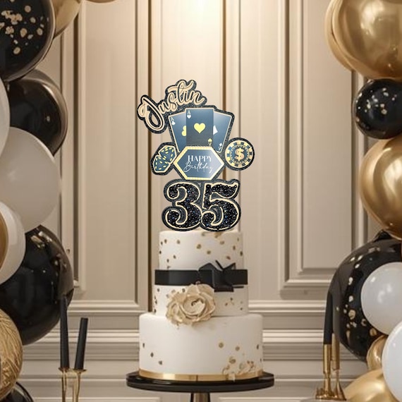 Casino Birthday Cake Topper Rhinestone Number — Personalized Name & Age | Las Vegas Theme Party Topper | Glitter Poker Chip Dice Cake Decor