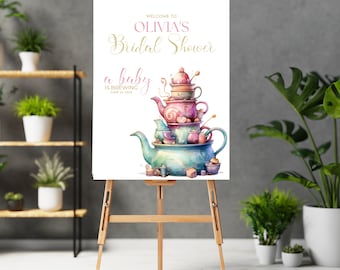 Customizable Baby Shower Tea Cups Welcome Sign Template, Tea Party Signage, A Baby Is Brewing Banner, Editable Tea Party Signs