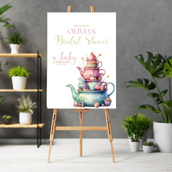 Customizable Baby Shower Tea Cups Welcome Sign Template, Tea Party Signage, A Baby Is Brewing Banner, Editable Tea Party Signs