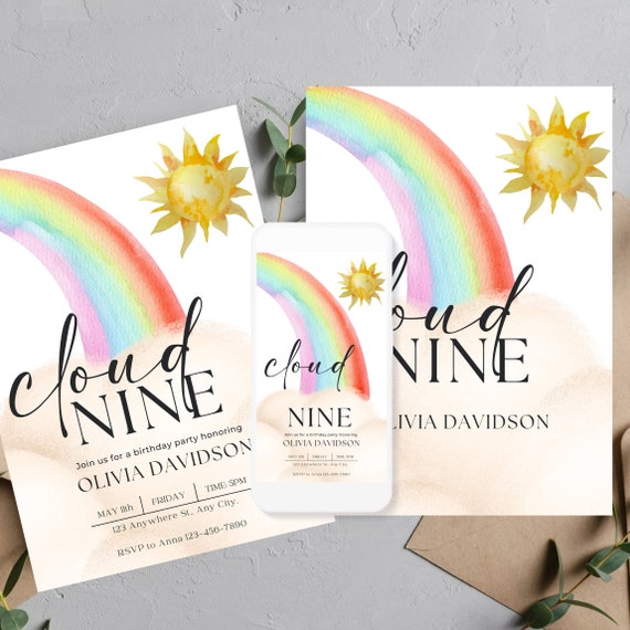 Rainbow Clouds Birthday Invitation Template | Customizable for Any Age | Watercolor Party Invites | Printable and Digital Download