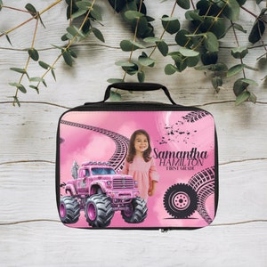 Personalized Pink Monster Truck Back To School Lunch Bag - Custom Kids Photo Insulated Lunch Tote, Pink Children Lunchbox Gift