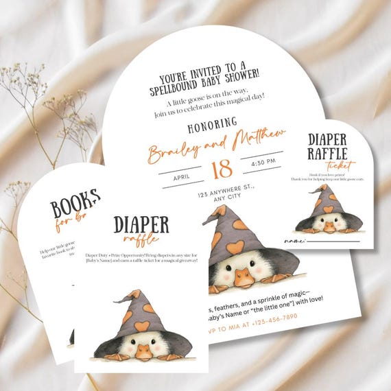 Witchy Goose Baby Shower Invitation Suite – Instant Download Printable Invite, Books for Baby Card, Diaper Raffle Ticket, Favor Tag