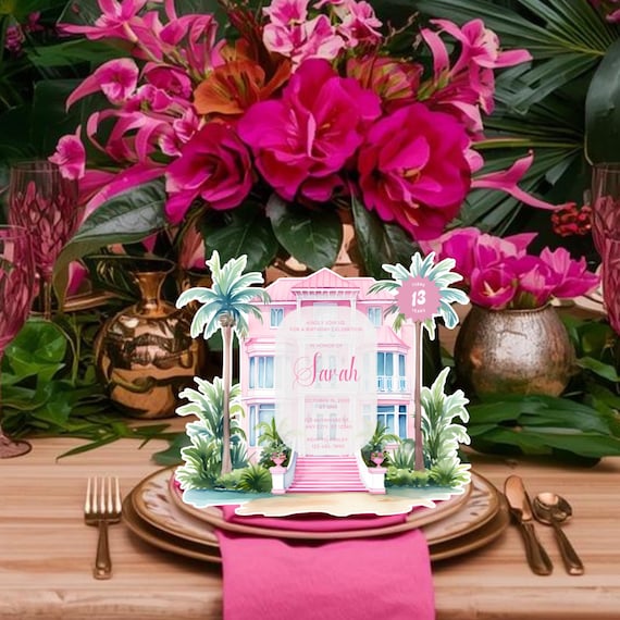 Tropical Pink Dollhouse Invitation | House Shaped Girl Birthday Invite | Printed Party Card | Any Occasion