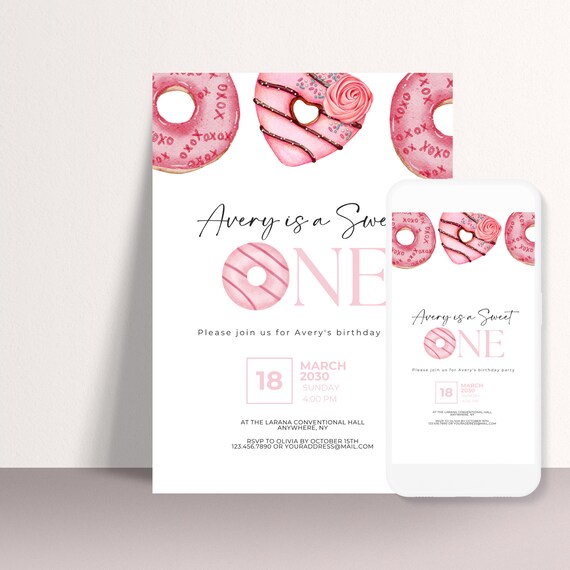 Sweet Pink Donut Birthday Invitation Template - Editable Party Invite, Printable DIY, Customizable Doughnut Theme Invitations