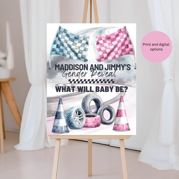 Editable Racing Welcome Sign Template, Pink & Blue Gender Reveal Race Track Party Sign Decor Custom Poster for Race-Themed Baby Reveal Party