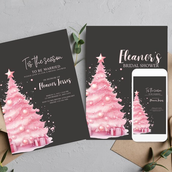 Pink and Black Christmas Tree Bridal Shower Invitation, Editable Winter Invites, Custom Bridal Printable, Pink Holiday Invitations