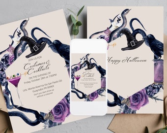 May include: A Halloween party invitation with a black witch's hat, snakes, and ravens. The invitation reads "Join us for Costumes & Cocktails" and includes the date, time, and location of the party.