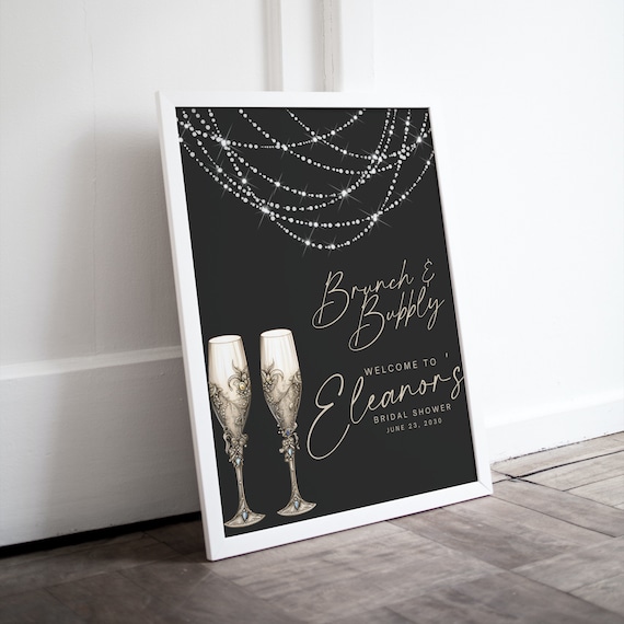 Editable Champagne Glass Bridal Shower Welcome Sign Template, Bubbly and Brunch Banner, Customizable Elegant Wedding Décor Bridal Shower