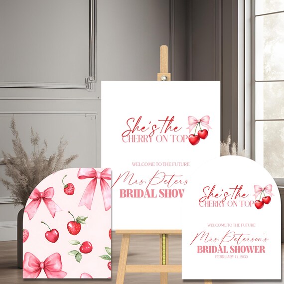 Custom Cherry on Top Arch Welcome Sign | Bridal Shower, Birthday Party Decor, Editable Event Entrance Sign, Pink Arch Design Template