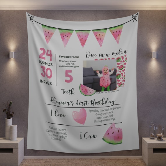 Watermelon Birthday Photo Milestone Sign, Pink Watermelon Party Banner, One in a Melon Welcome Tapestry, Print and Digital #MBP