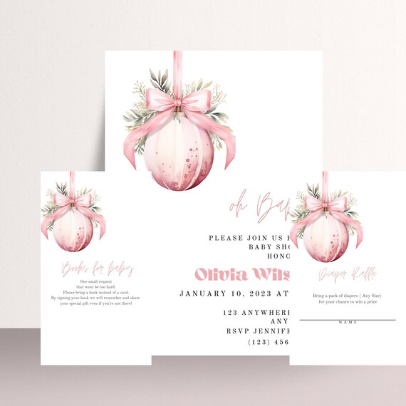 Christmas Pink Ornament Baby shower Invitation Bundle, Winter Baby Shower Diaper Raffle, Winter Pink Digital Baby Shower, Instant Download