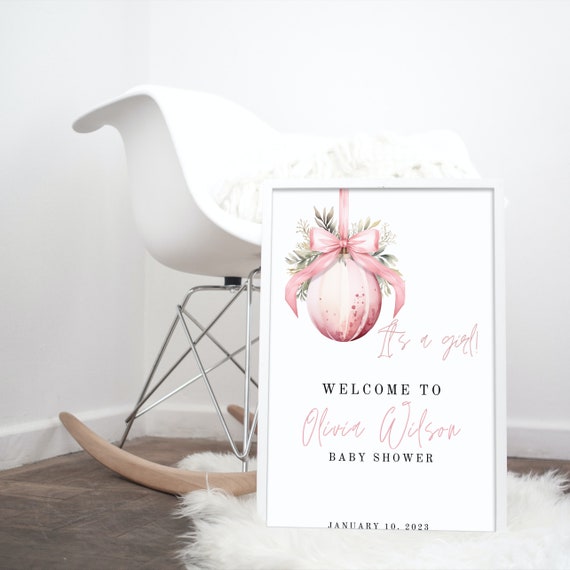 Christmas Pink Ornament Baby shower Welcome Sign, Winter Baby Shower Banner, Winter Pink Digital Baby Shower Signs, Instant Download