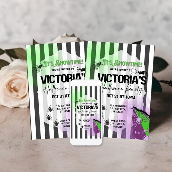 Black & White Striped Birthday Invitation | Editable "It's Showtime" Halloween Party Invite | Spooky Fun Printable, Beetle-Inspired Theme