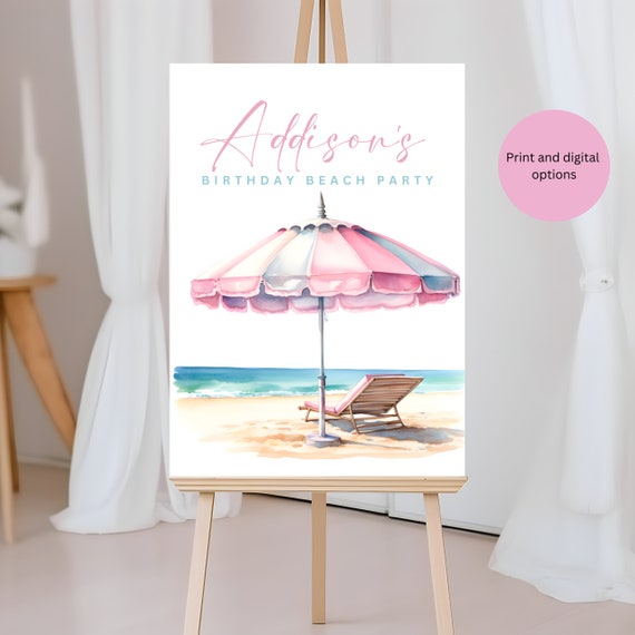 Editable Birthday Beach Party Welcome Sign - Pink Tropical Swimming Party Banner, Summer Beach Bash Editable Template, Printable Pool Party