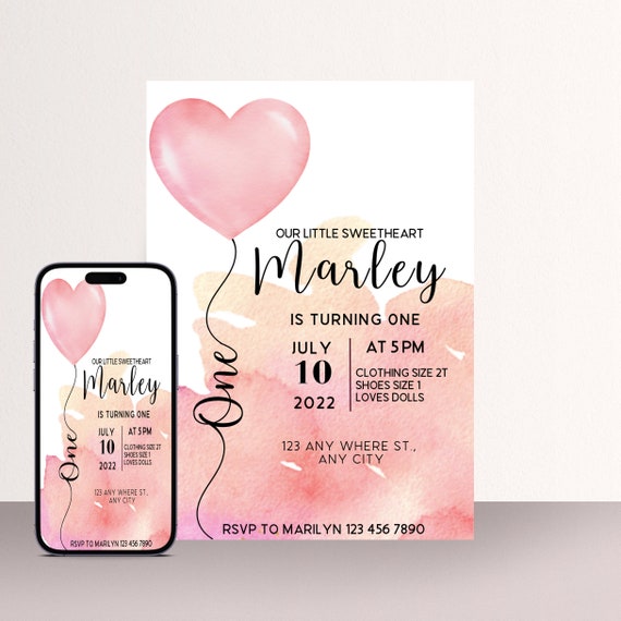 Valentine Heart Birthday Invitation, First Birthday Invite, Watercolor Heart Balloon, Pink and Gold Instant Download #HBPK