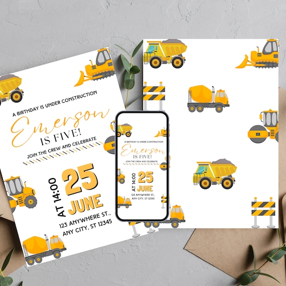 Editable Construction Invitation | Dump Truck Birthday Party, Custom Construction Birthday Invitations, Print and Digital