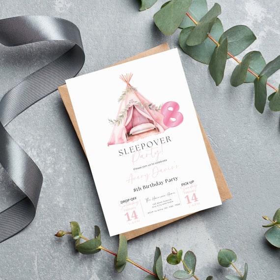 Editable Sleepover Party Invitation - Pink Pastel Tee-Pee Tent Slumber - Custom Birthday Printable Template for Girls, Any Age Pink Theme