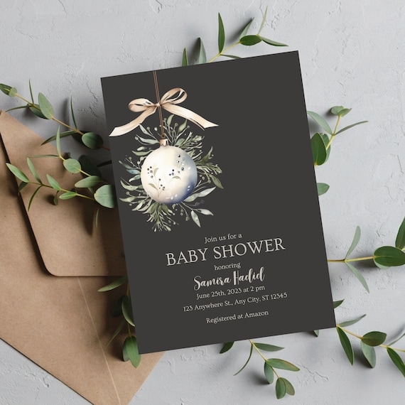 Neutral Christmas Ornament Baby Shower Invitation Template, Editable Baby Shower Invite, Christmas Theme Baby Shower Invitations