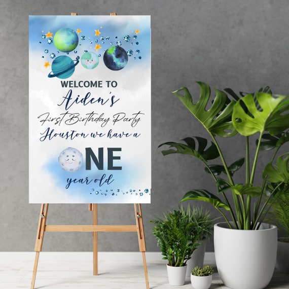 Space Birthday Welcome Sign Template, Blue Galaxy Birthday Party Signs, Houston We Have a One Year Old, Stars Birthday Banner, #SBB