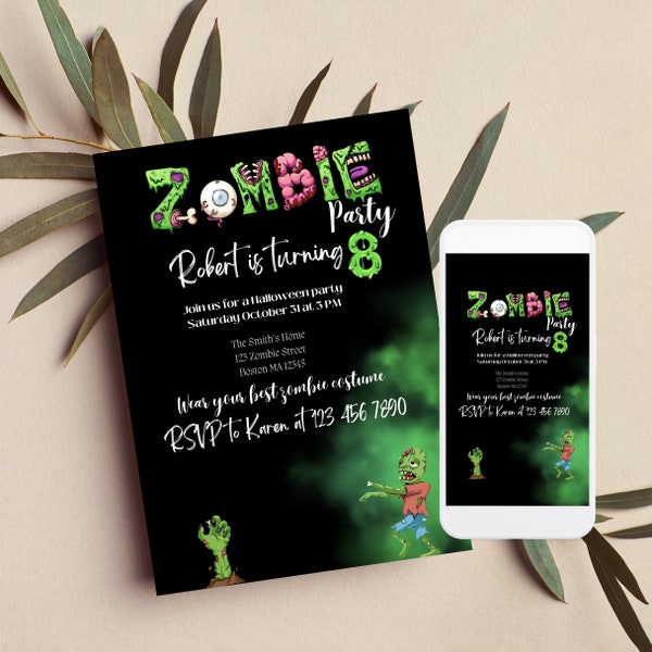 Zombie Birthday Invitation, Editable Kids Scary Invites, Halloween Party Printable, Zombie Apocalypse Template, Instant Download