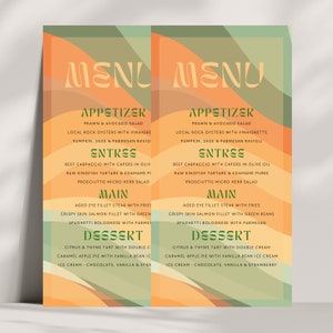 Bearbeitbare Retro Dinner Menu Template - Groovy Hochzeitsmenü, Retro Wave-Menü, anpassbare Getränke- & Partykarte - Vintage Wedding Menu Design