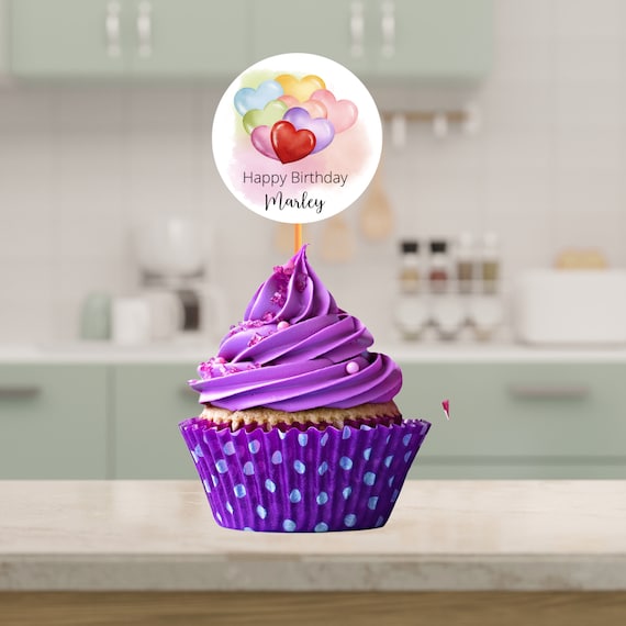 Rainbow Heart Birthday Cupcake Topper, First Birthday Party Toppers, Watercolor Heart Balloons, Instant Download #HBR