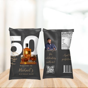 Adult Whiskey and Cigar Birthday Party Chip Bags, Editable Any Age Men&#39;s Birthday Chip Label, Printable Bday Label, Instant Download #AWC