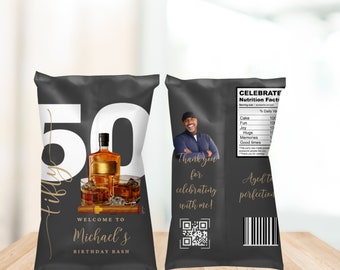 Adult Whiskey and Cigar Birthday Party Chip Bags, Editable Any Age Men&#39;s Birthday Chip Label, Printable Bday Label, Instant Download #AWC