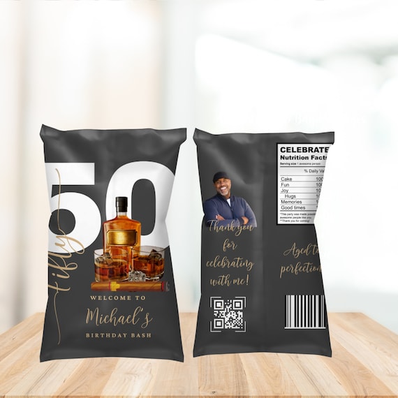 Adult Whiskey and Cigar Birthday Party Chip Bags, Editable Any Age Men's Birthday Chip Label, Printable Bday Label, Instant Download #AWC