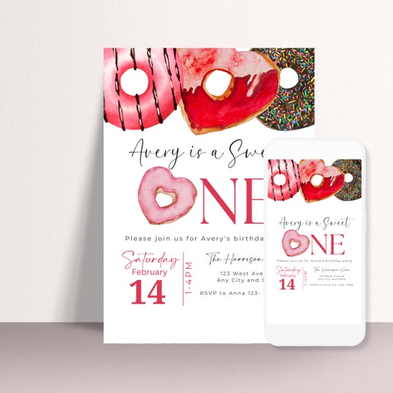 Sweet Valentine Donut Birthday Invitation Template - Editable Party Invite, Printable DIY, Customizable Doughnut Theme Invitations