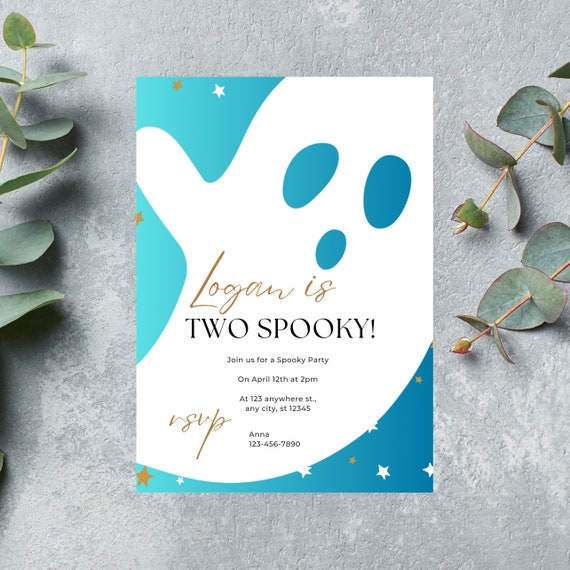 Editable Two Spooky Halloween Birthday Party Invitation, Ghost Second Birthday Invite, Halloween Printable, Boy Ghost Birthday