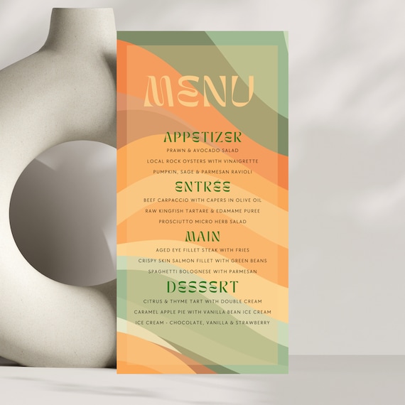 Editable Retro Dinner Menu Template - Groovy Wedding Menu, Retro Wave Menu, Customizable Drink & Party Menu - Vintage Wedding Menu Design