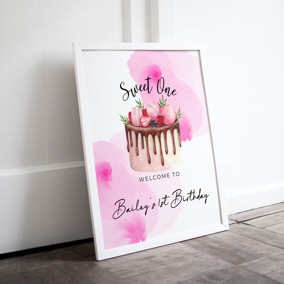 Sweet One Birthday Cake Welcome Sign, 1st Birthday Party Signs, Pink Cake Banner, First Birthday Instant Download #SBC