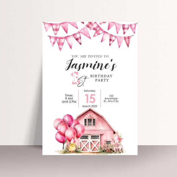 Personalized Pink Farm Birthday Invitation, Custom Barnyard Party Invite Template, Farm Animals Theme for All Ages Girl's, Pink Farmhouse