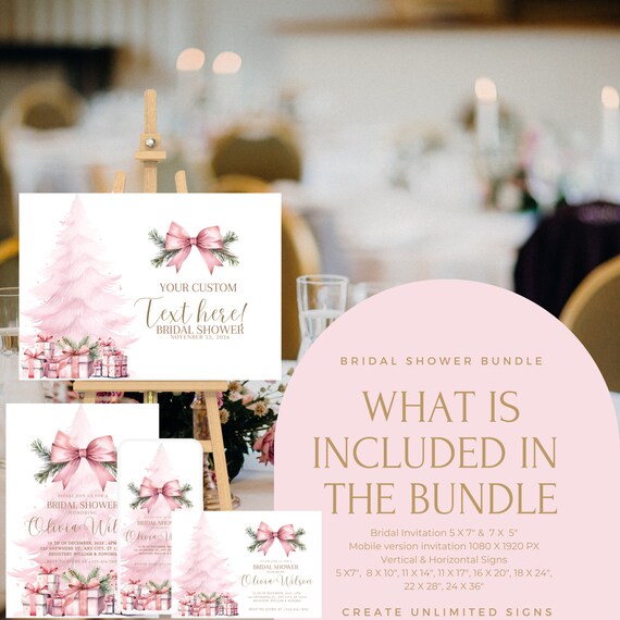 Pink Christmas Tree Bridal Shower Template Bundle, Winter Pink Bridal Shower Welcome Sign, Winter Pink Banner Printable, Instant Download