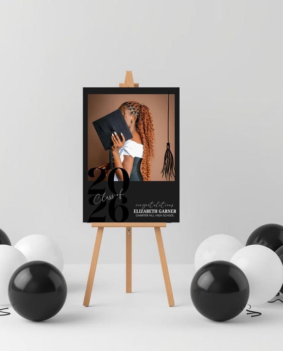 Modern Minimalist Graduation Welcome Sign Printed on Foam Board, Acrylic or Poster, Black & White Photo Entrance Sign, Class of 2026 Custom