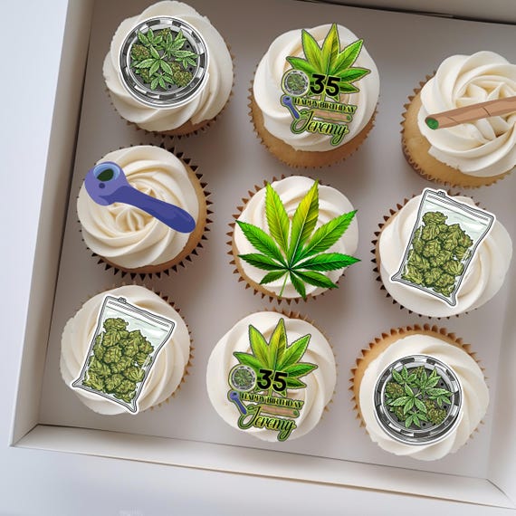 Personalized Cannabis Birthday Cake Topper | Custom Name And Age Stoner Party Decor | Marijuana Leaf, Blunt & Weed Cupcake Topper 420
