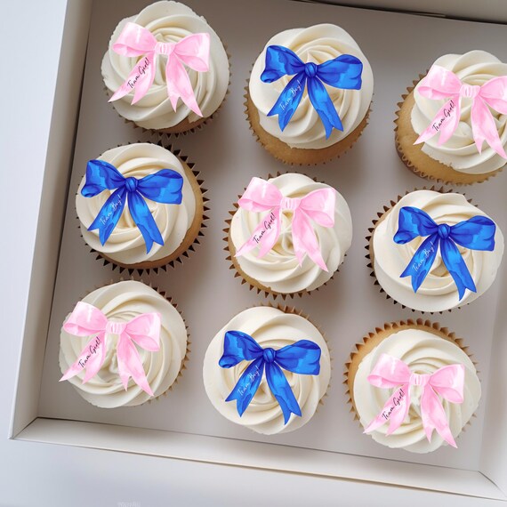 Pink and Blue Bows Gender Reveal Cake Topper | Team Girl Team Boy Party Decor | Custom Cardstock and Edible Options | Baby Shower Decoration
