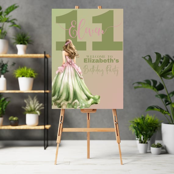 Princess Birthday Welcome Sign, Party Banner, Green and Pink Princess Template, Printable Customizable Minimalist Banners, Print and Digital