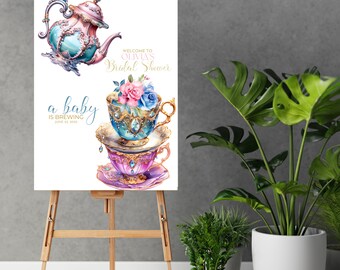 Customizable Baby Shower Tea Cups Welcome Sign Template, Tea Party Signage, A Baby Is Brewing Banner, Editable Tea Party Signs