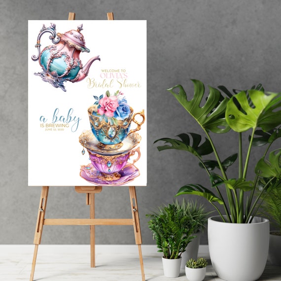 Customizable Baby Shower Tea Cups Welcome Sign Template, Tea Party Signage, A Baby Is Brewing Banner, Editable Tea Party Signs