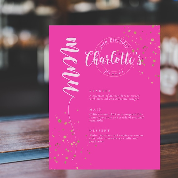 Editable Dinner Menu, Printable Birthday Party Lunch Menu, Hot Pink Gold, Food Menu, Doll Party Menu, Print and Digital