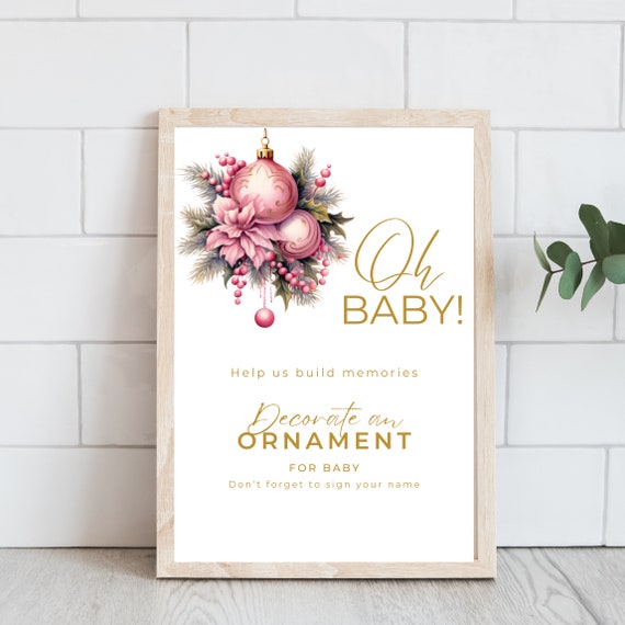 Pink Christmas Ornament Welcome Sign Template, Winter Girl Baby Shower Signs, Holiday Winter Pink Printable Signage, Holiday Ornament Sign