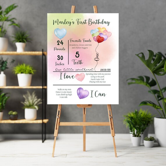 Rainbow Heart Balloons Birthday Milestone Sign, First Birthday Signs, Digital Party Banner, Watercolor Heart Balloon, #HBR